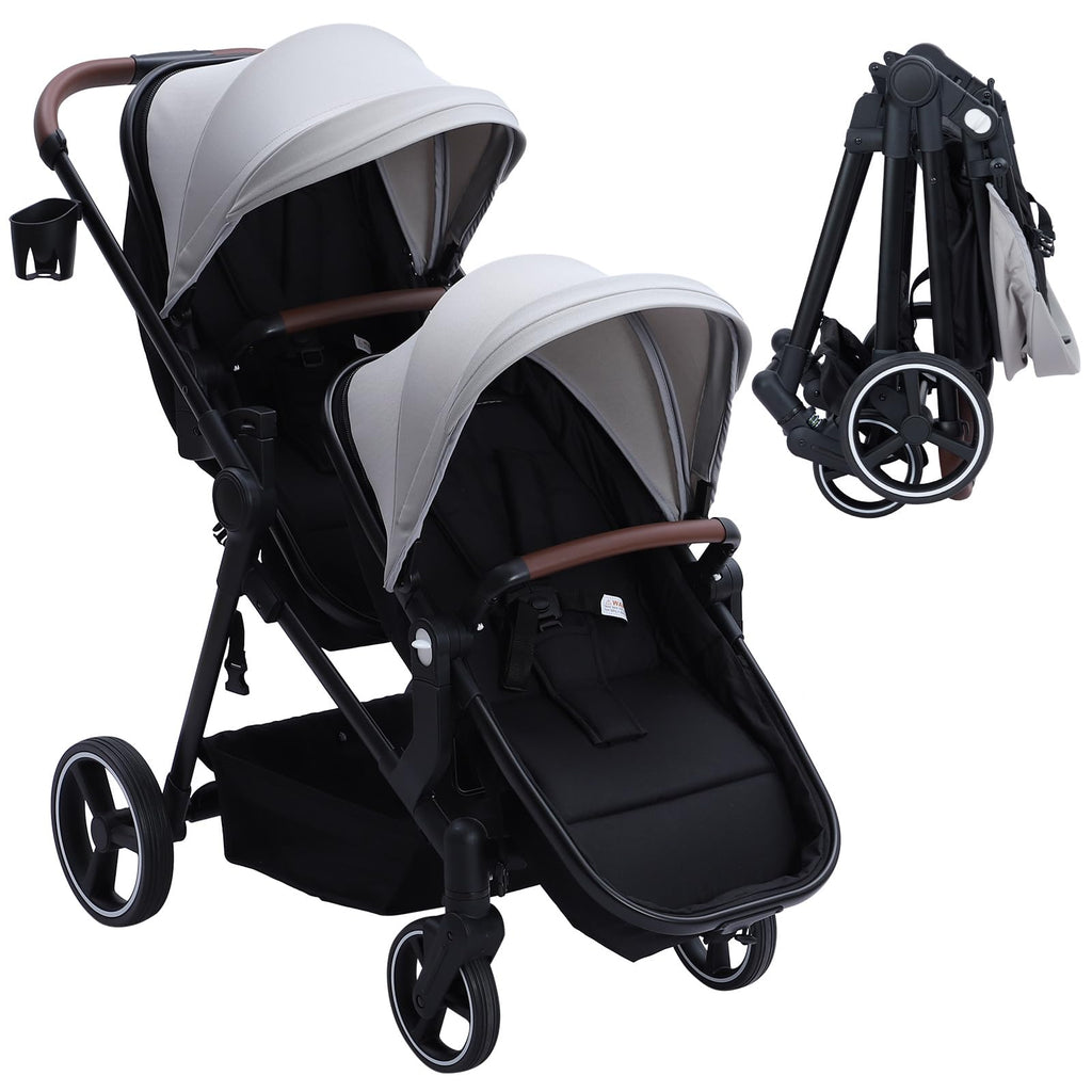 Foldable Double Baby Stroller Multi-Position Reversible Light Grey