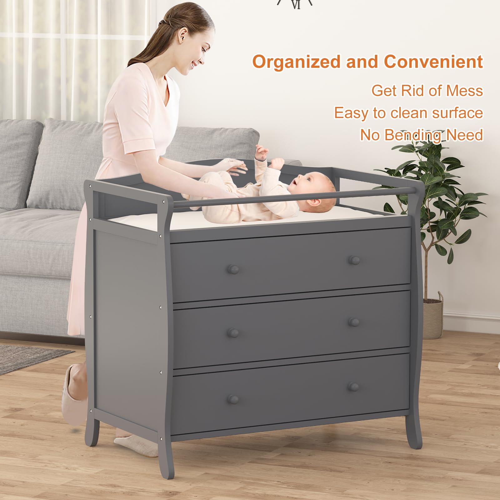 3-Drawer Changing Table with Safety Rails and Strap GainNo