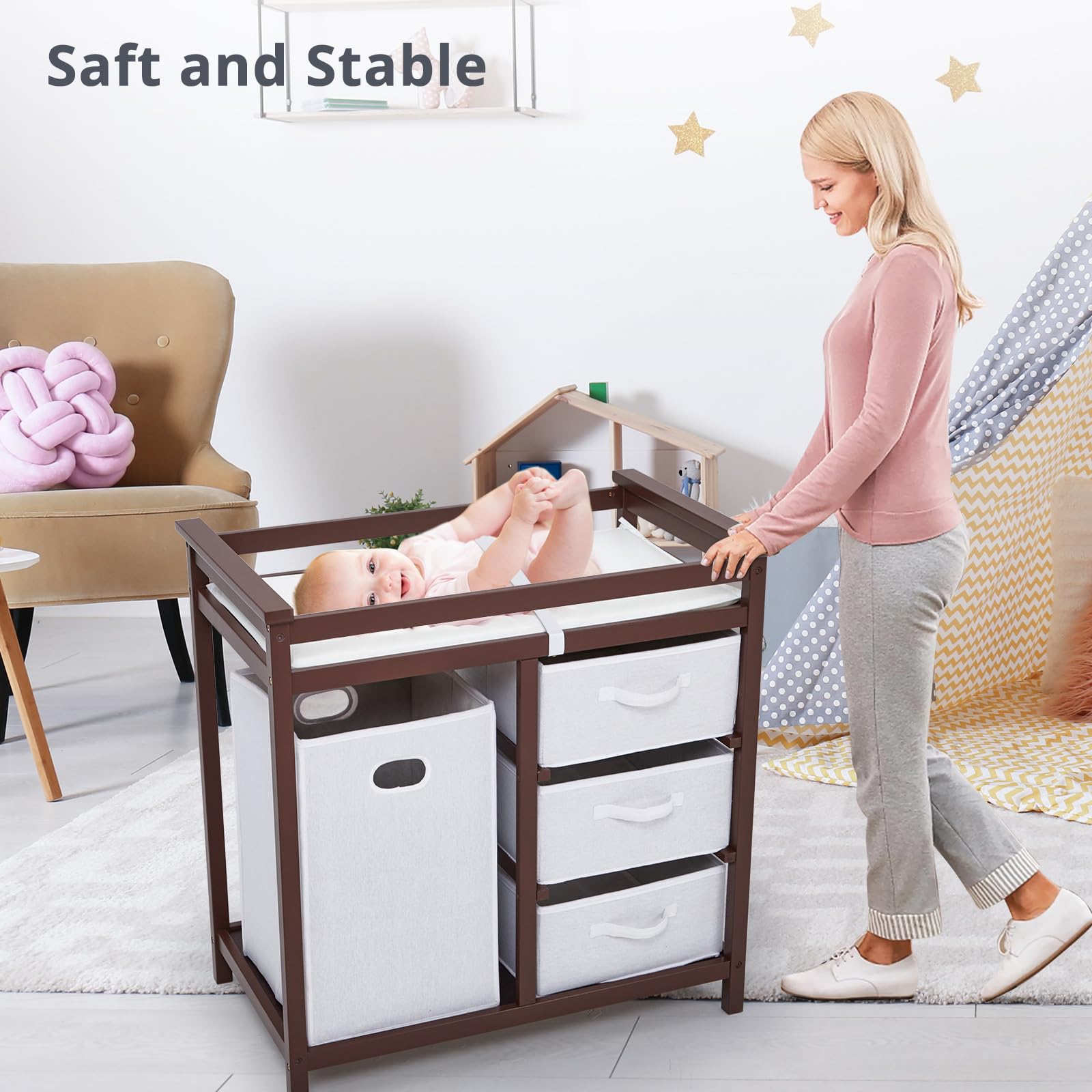 Wooden Diaper Changing Table with Laundry Hamper and 3 Drawers Brown GainNo