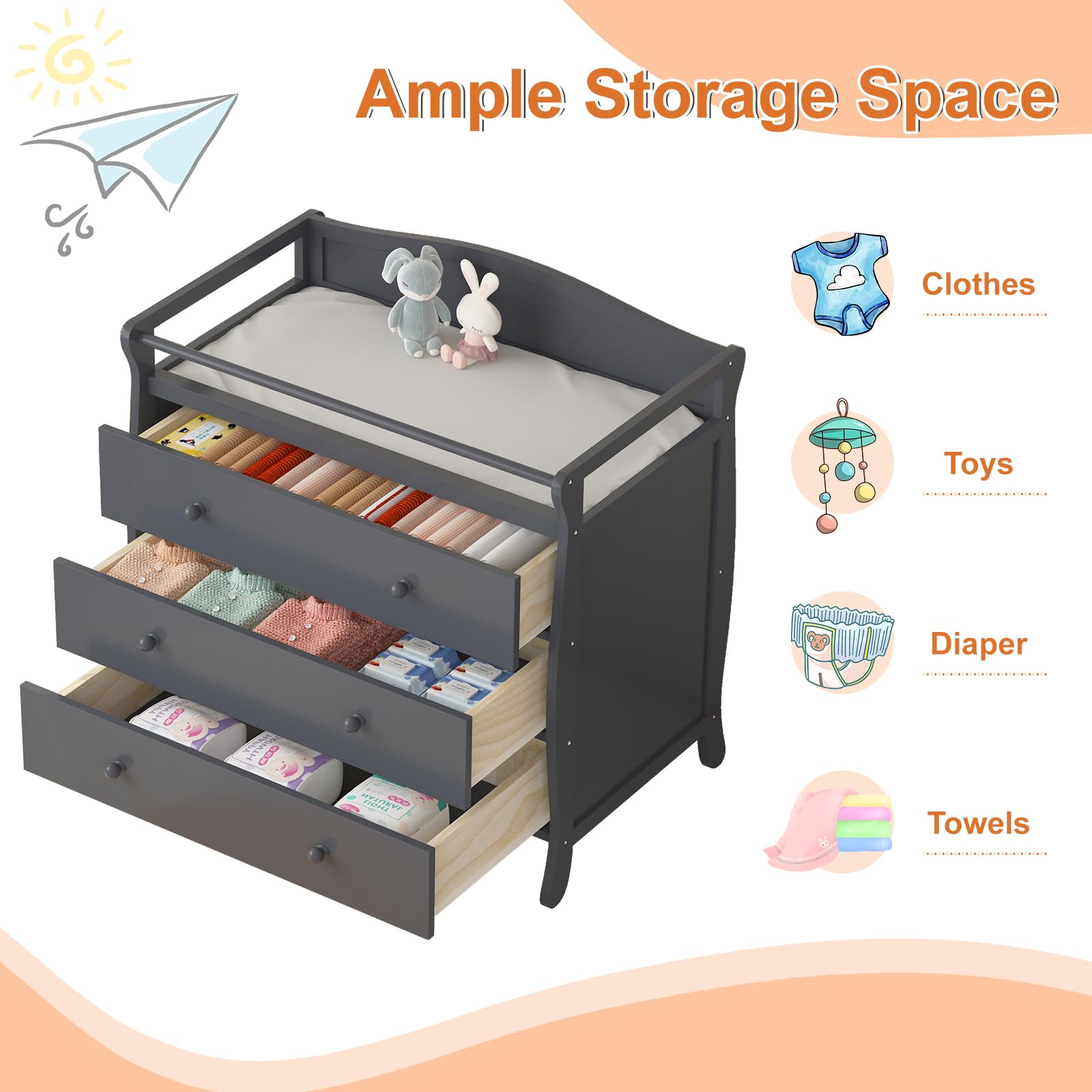 3-Drawer Changing Table with Safety Rails and Strap GainNo