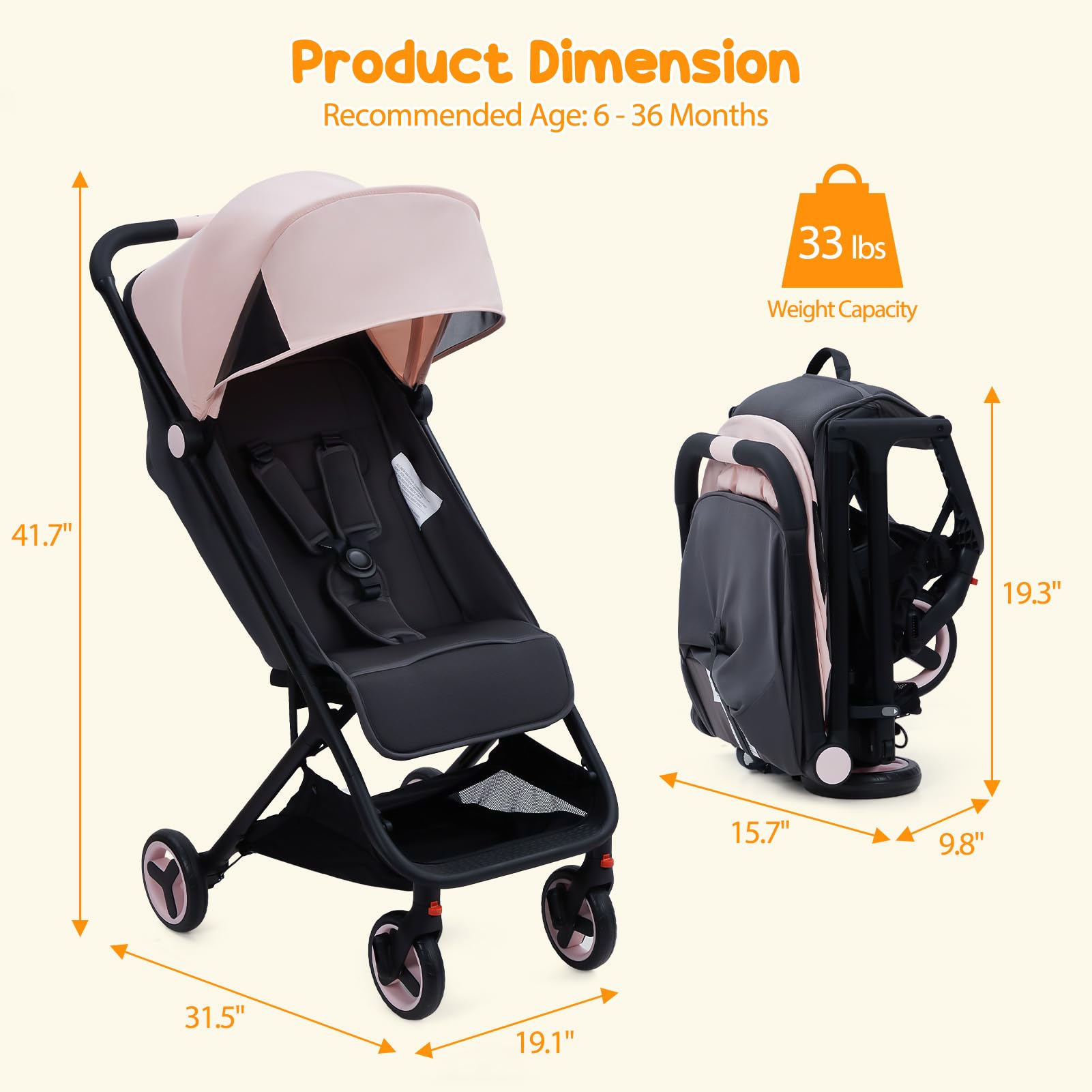 Lightweight Compact Stroller One Hand Fold Airplane Friendly Pink