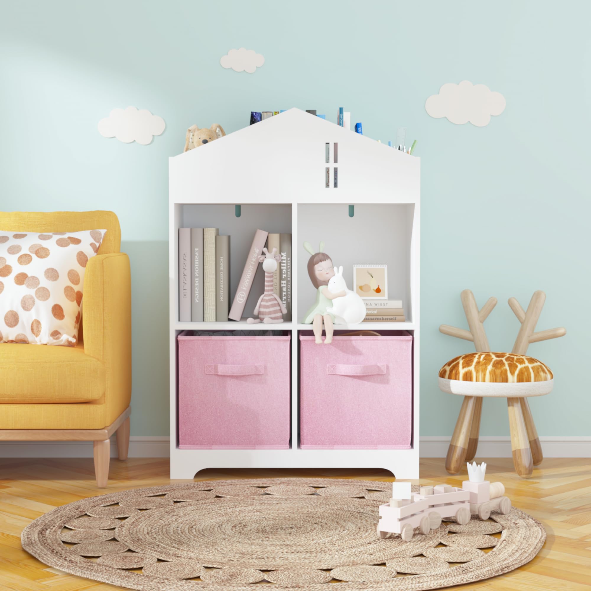 Kids Dollhouse Bookcase with Storage 2-Tier Organizer White