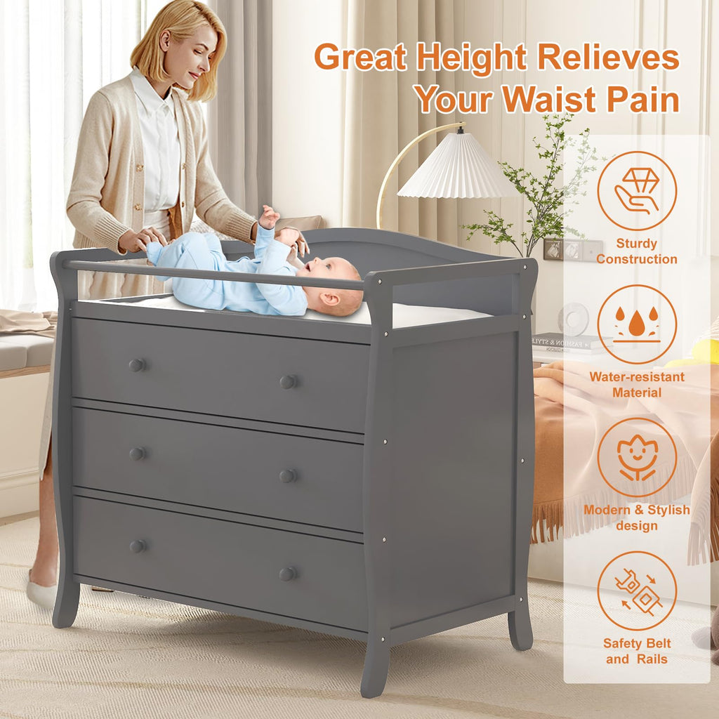 3-Drawer Changing Table with Safety Rails and Strap GainNo