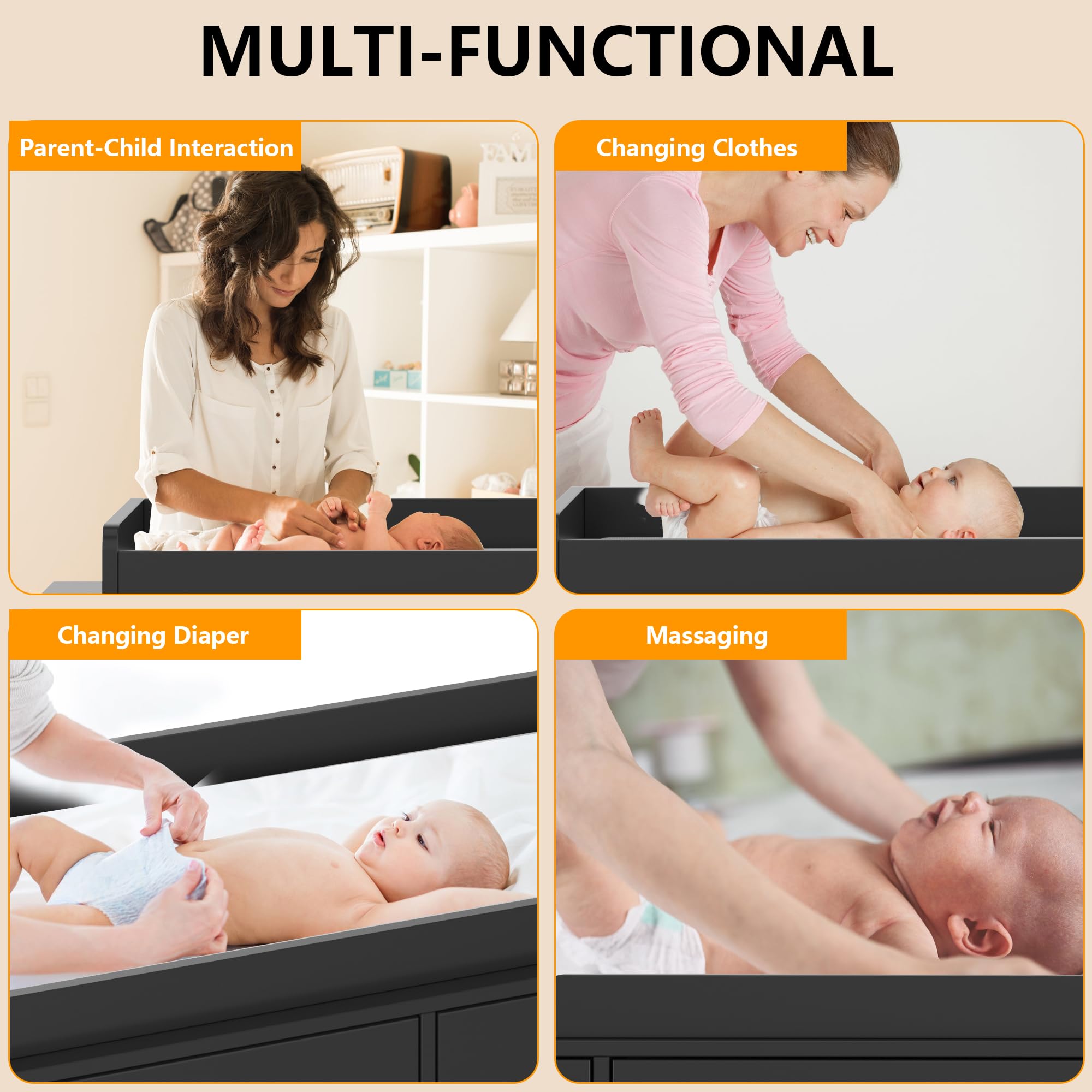 Baby Changing Table Dresser with 6 Drawers and Changing Pad Black GainNo