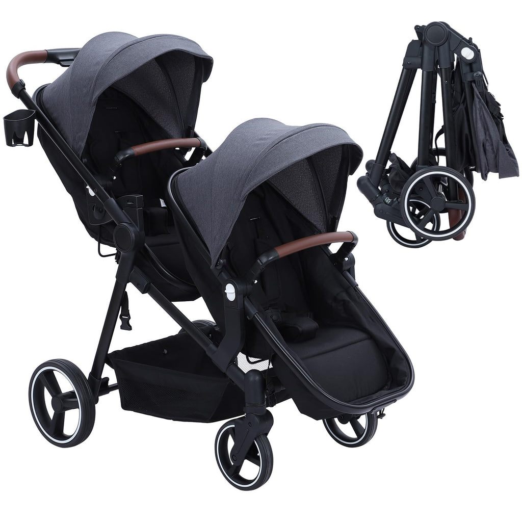 Foldable Double Baby Stroller Multi-Position Reversible Dark Grey
