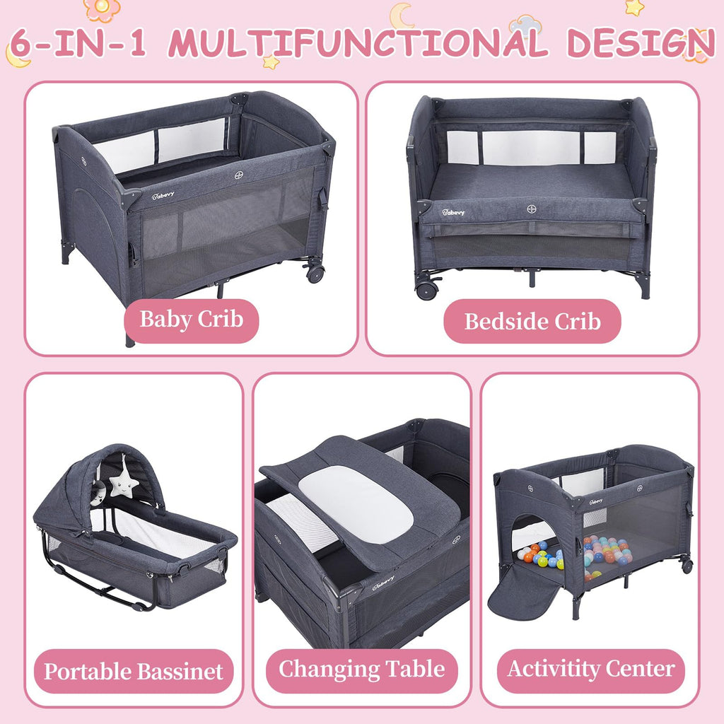 5-in-1 Pack and Play Baby Bedside Sleeper Portable Crib Deep Grey GainNo