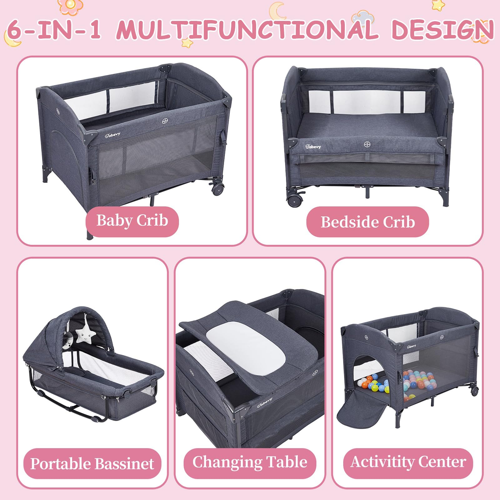5-in-1 Pack and Play Baby Bedside Sleeper Portable Crib Deep Grey GainNo
