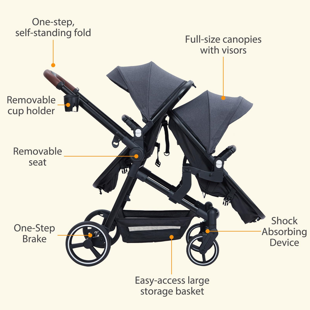 Foldable Double Baby Stroller Multi-Position Reversible Dark Grey
