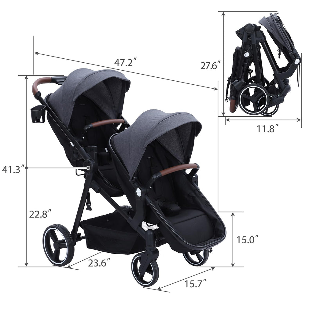 Foldable Double Baby Stroller Multi-Position Reversible Dark Grey
