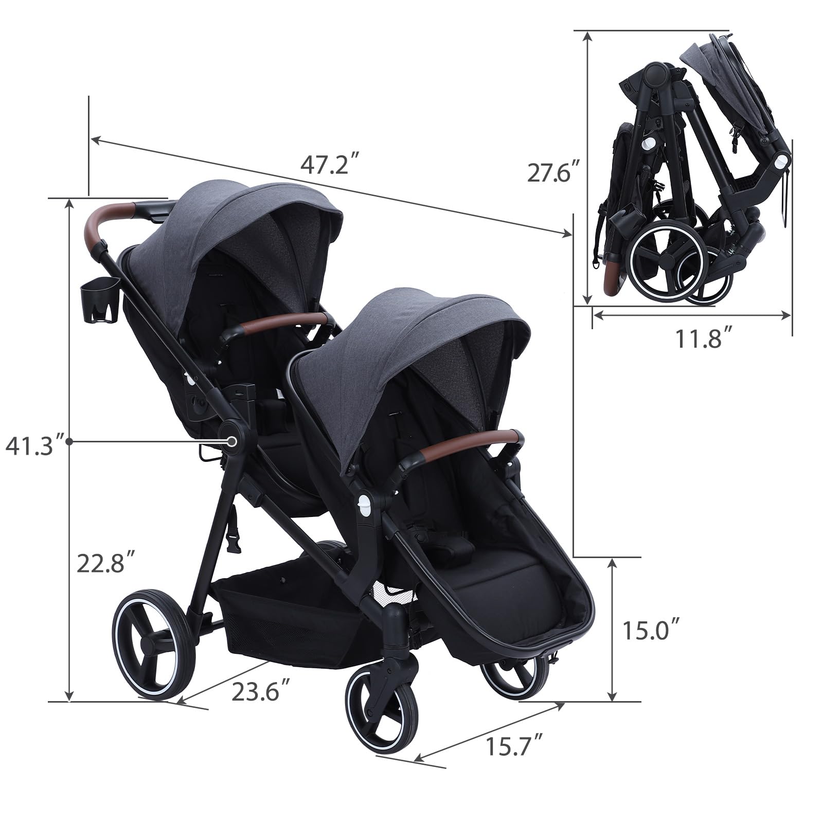 Foldable Double Baby Stroller Multi-Position Reversible Dark Grey