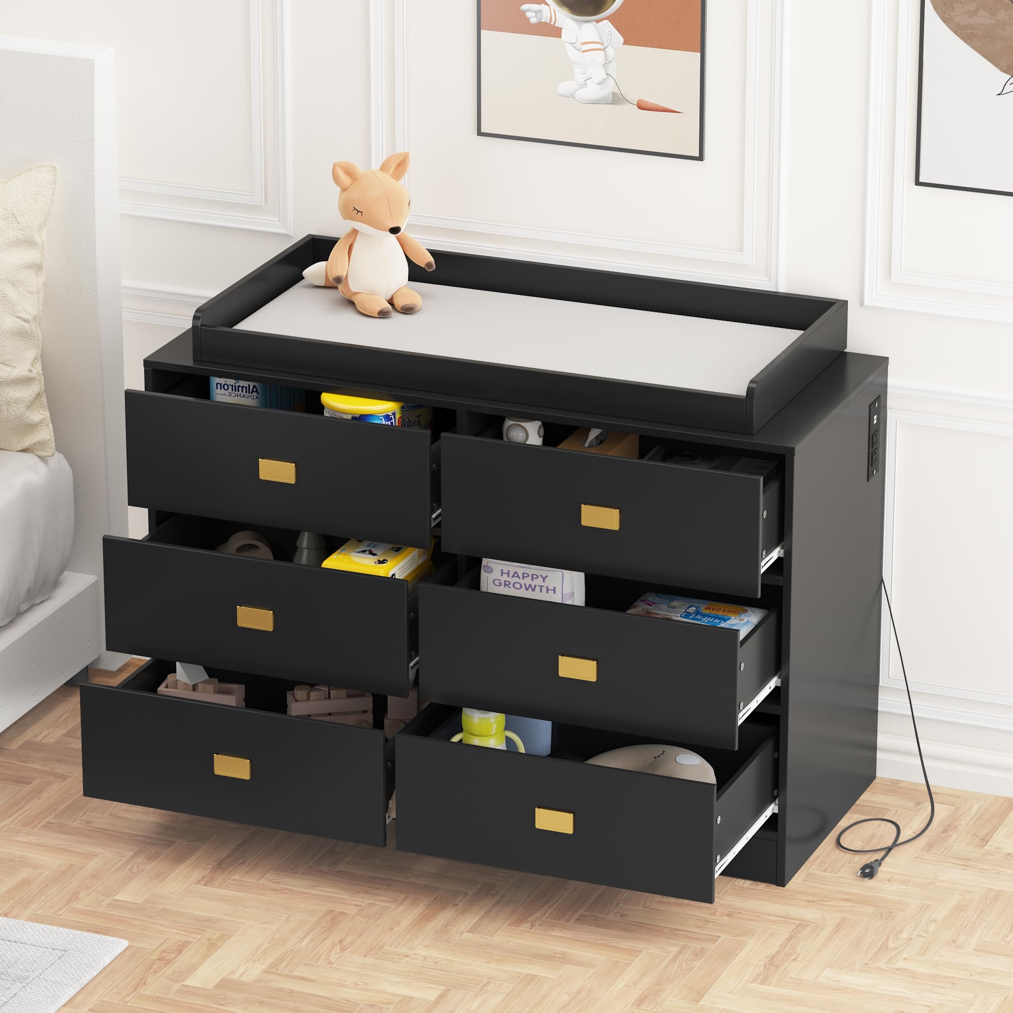 Baby Changing Table Dresser with 6 Drawers and Changing Pad Black GainNo