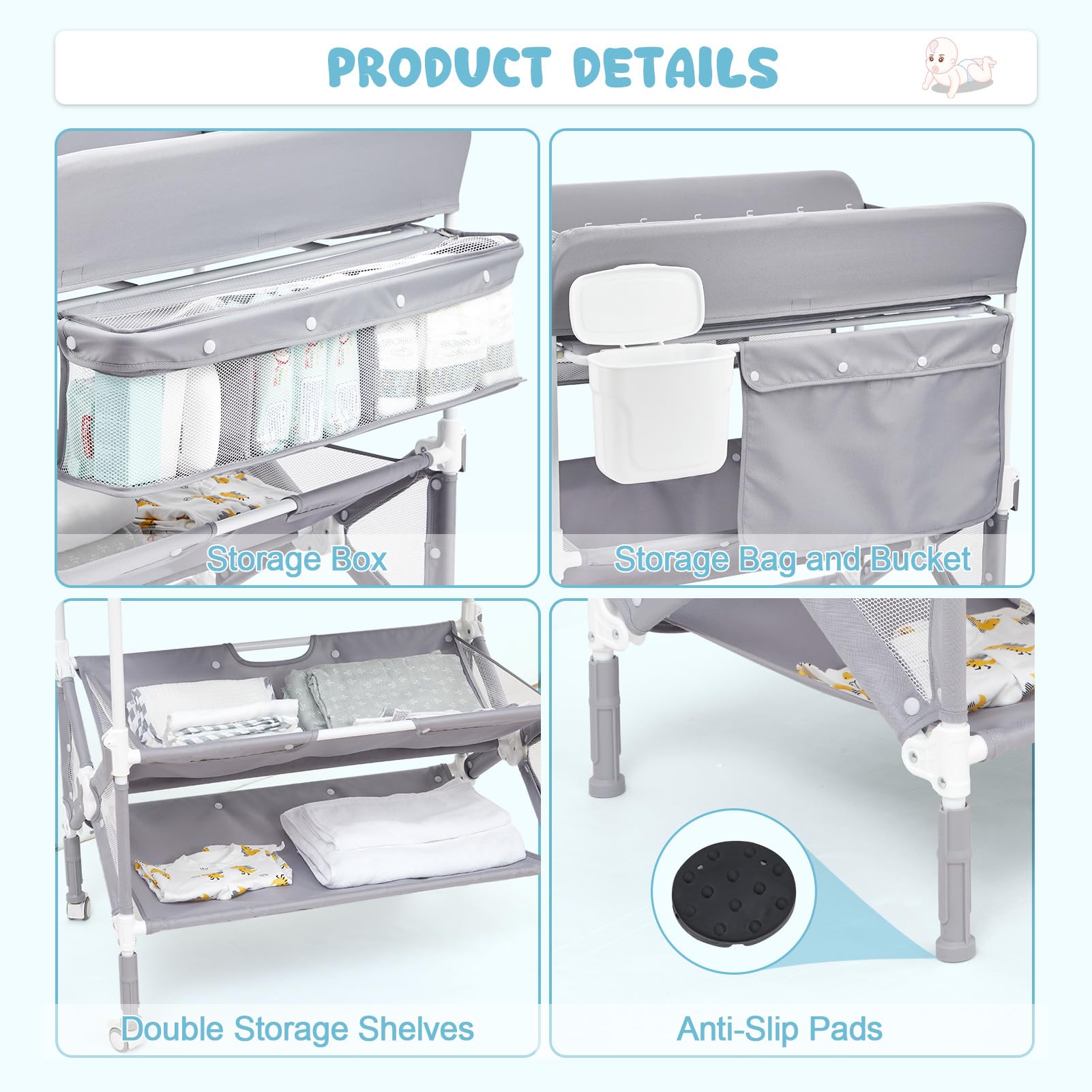 Portable Baby Changing Table with Wheels Adjustable Height Grey