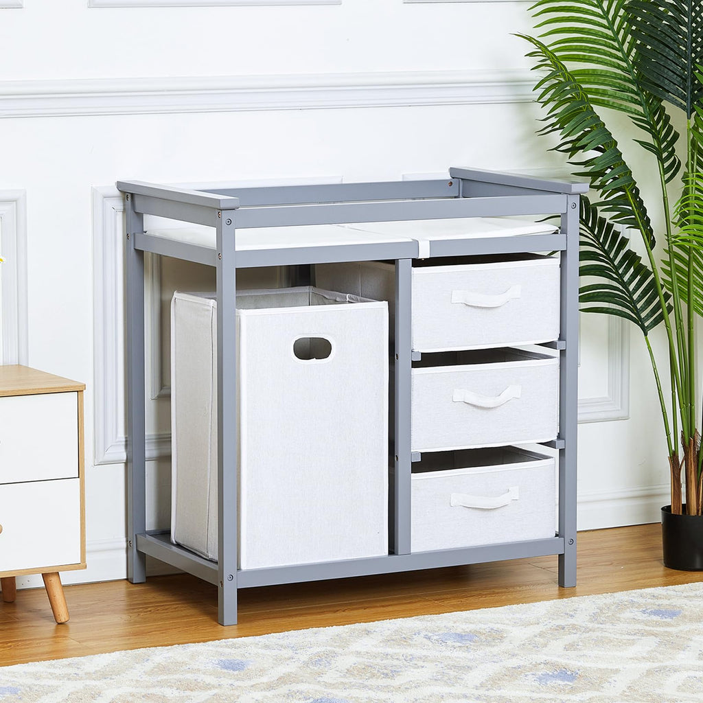 Wooden Diaper Changing Table with Laundry Hamper and 3 Storage Drawers GainNo
