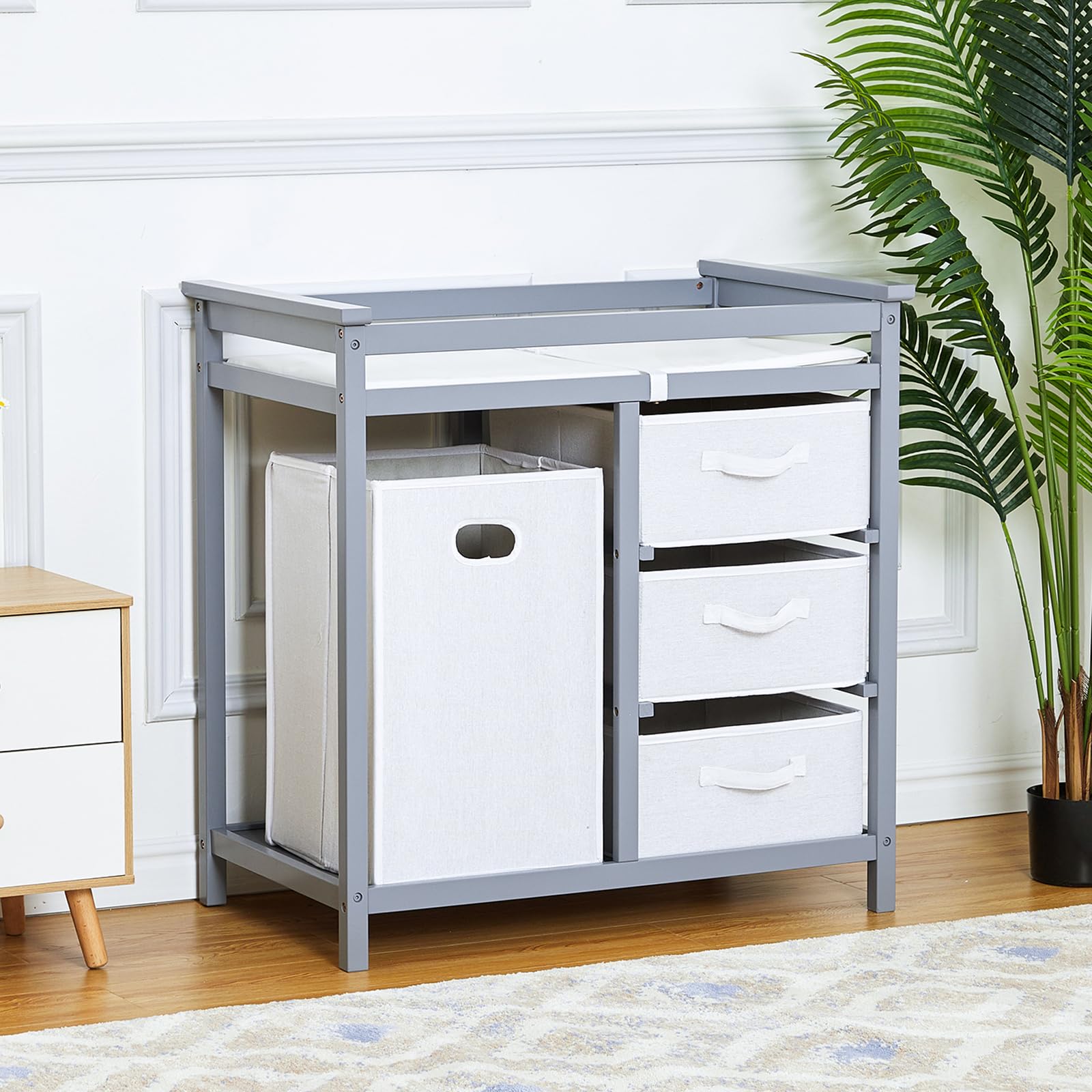 Wooden Diaper Changing Table with Laundry Hamper and 3 Storage Drawers GainNo