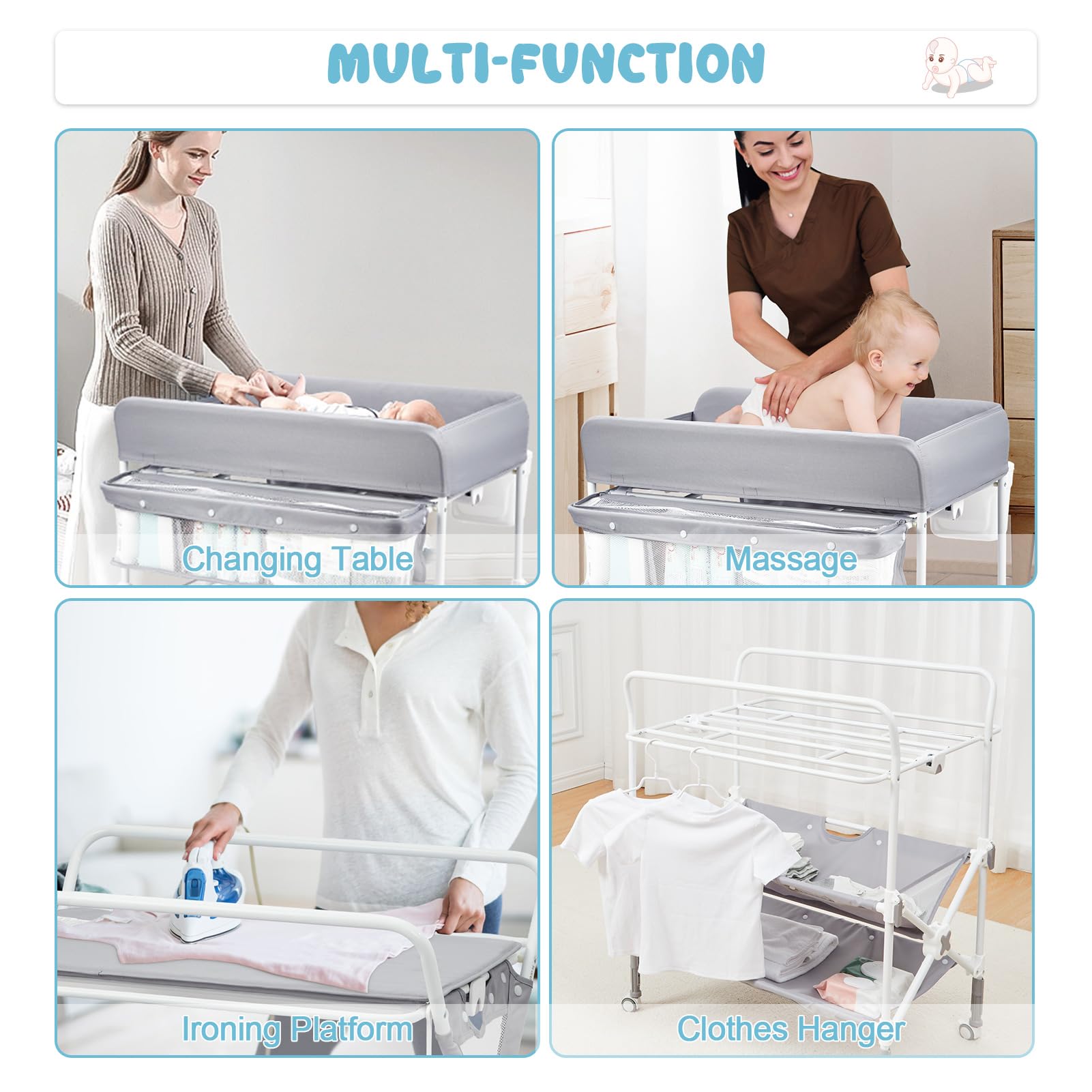 Portable Baby Changing Table with Wheels Adjustable Height Grey