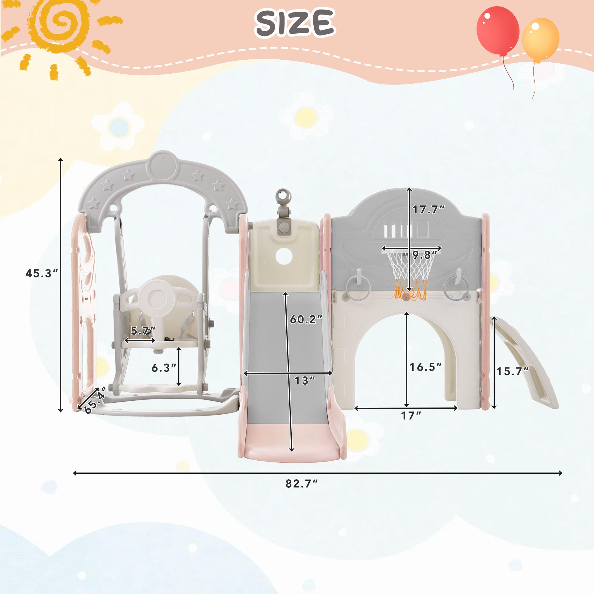 Kids Freestanding Swing Set with Basketball Hoop and Climbing Frame Grey