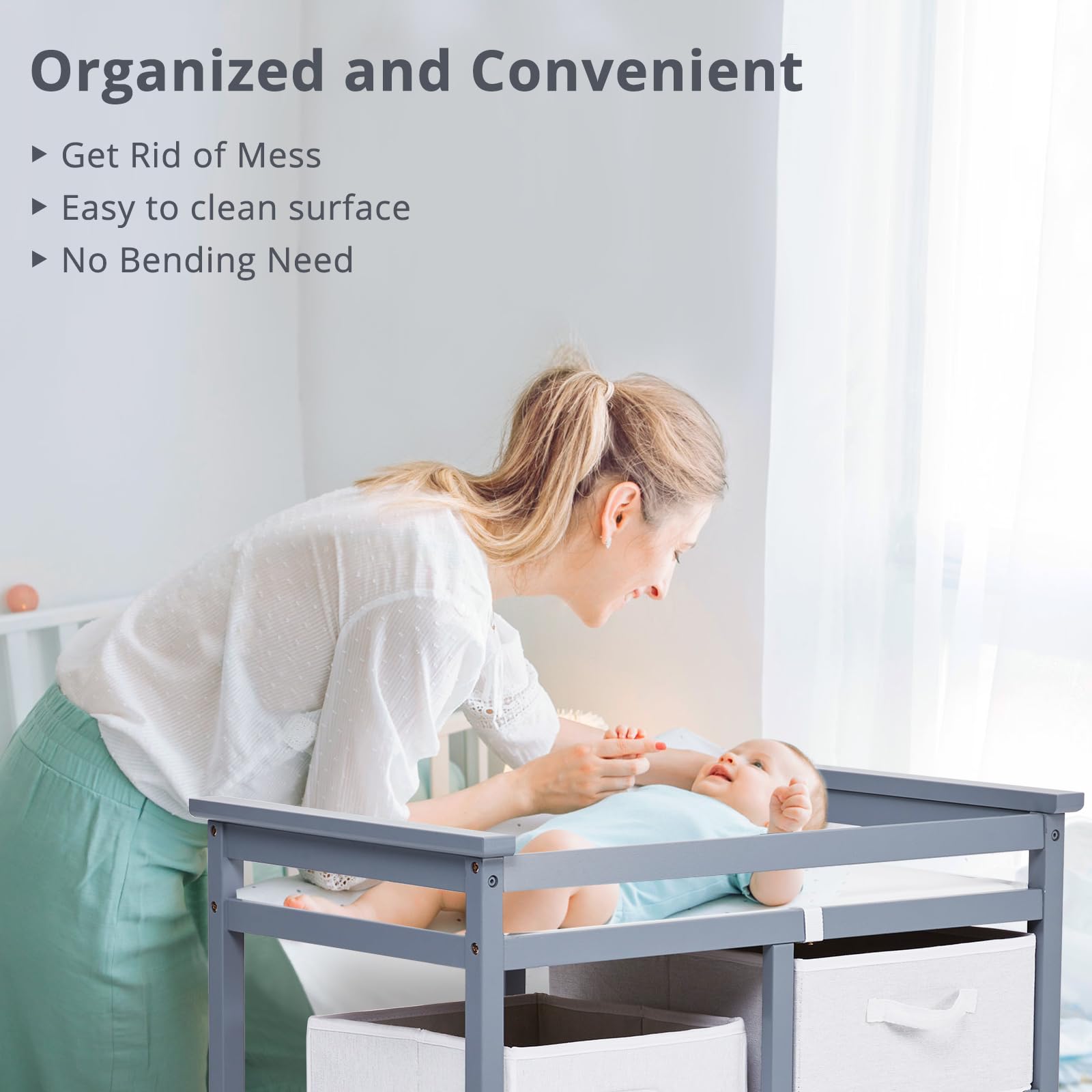 Wooden Diaper Changing Table with Laundry Hamper and 3 Storage Drawers GainNo