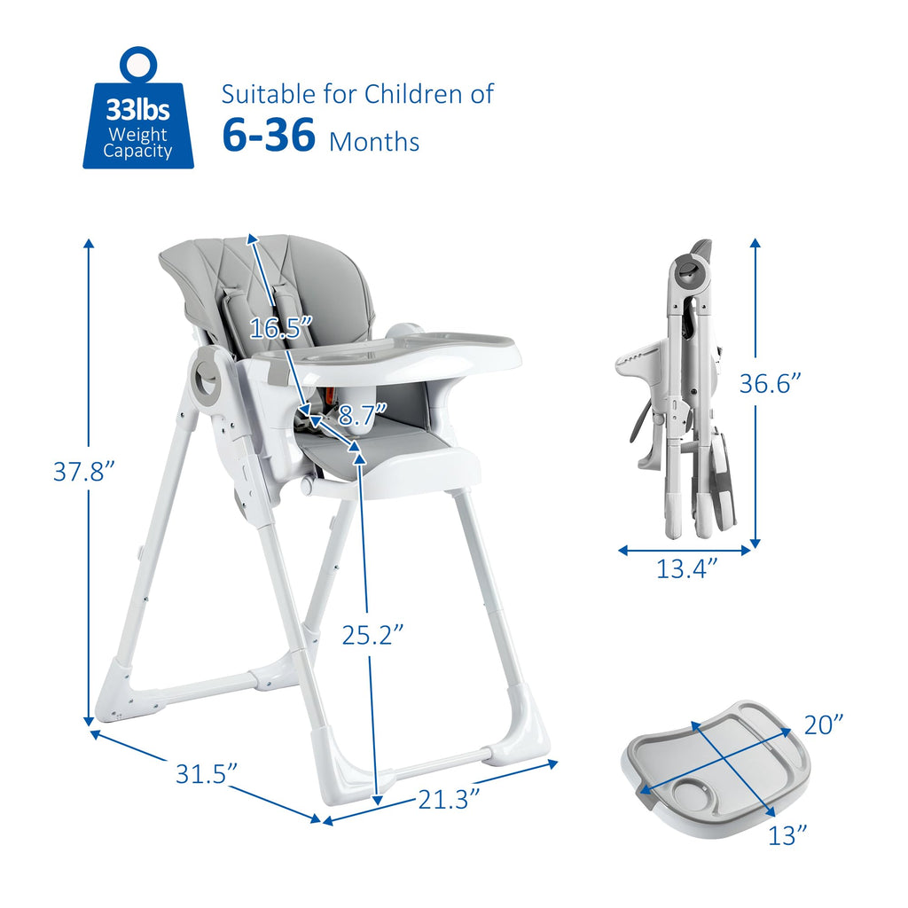 Baby High Chair Adjustable Height Aluminum Frame Easy Clean Foldable Grey GainNo