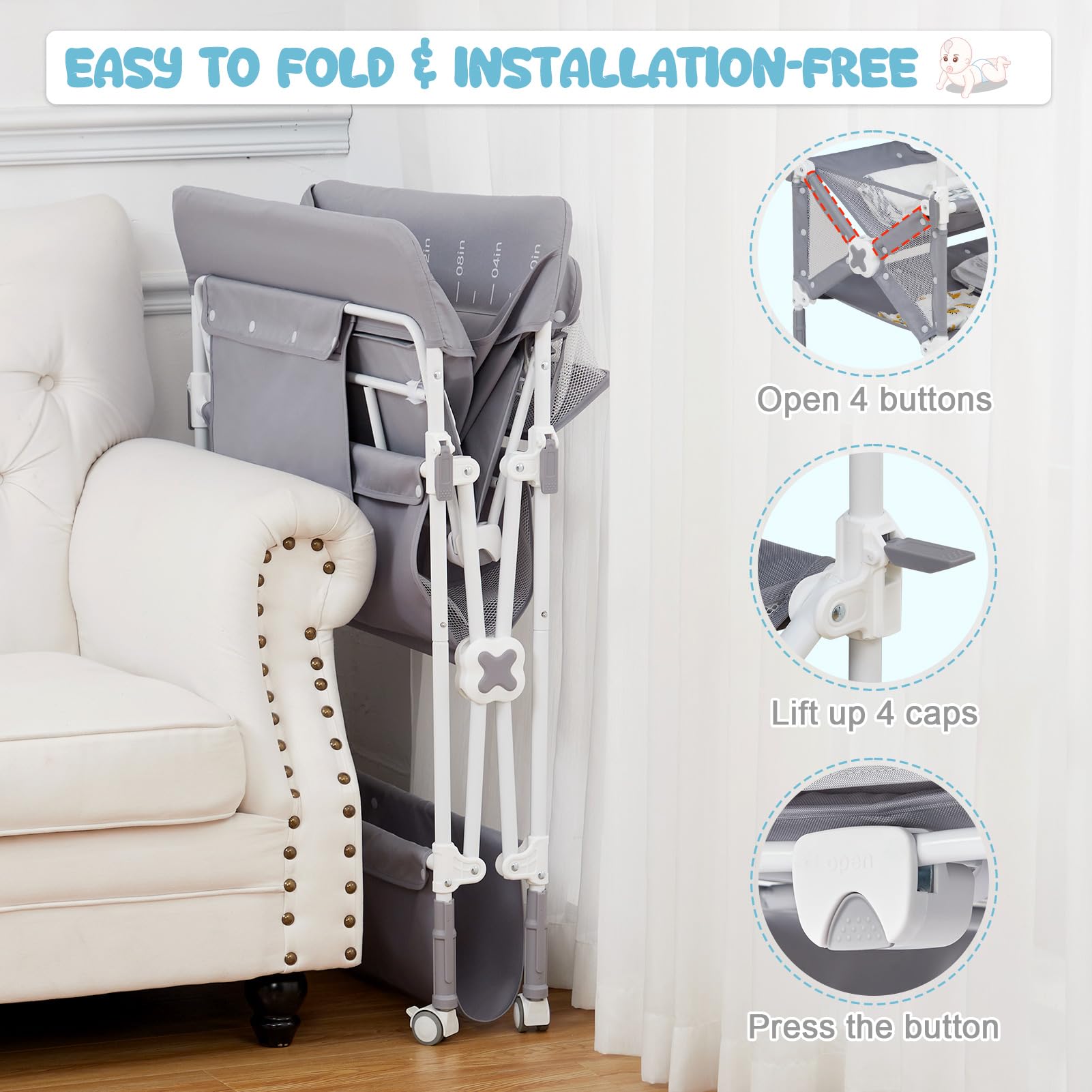 Portable Baby Changing Table with Wheels Adjustable Height Grey