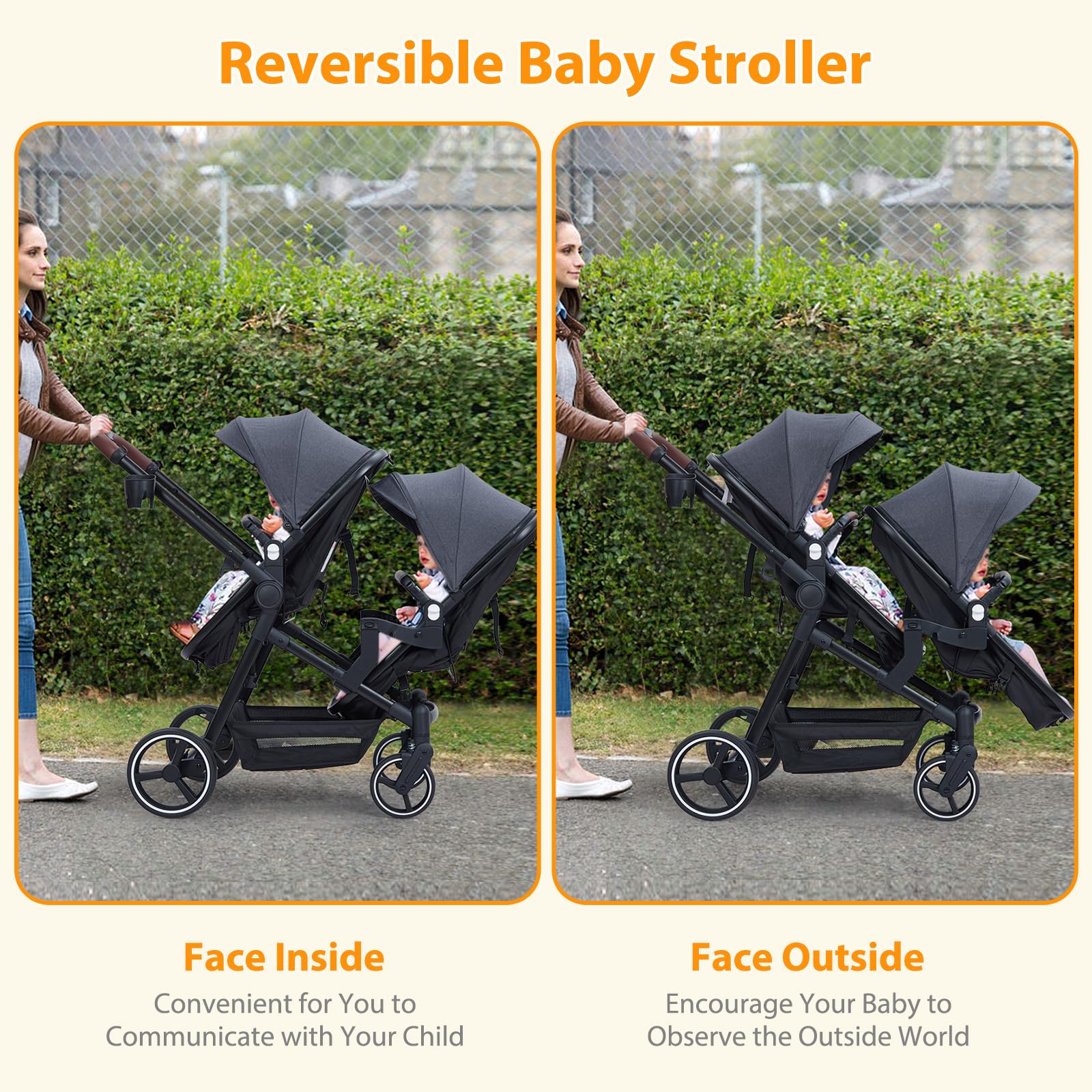 Foldable Double Baby Stroller Multi-Position Reversible Dark Grey