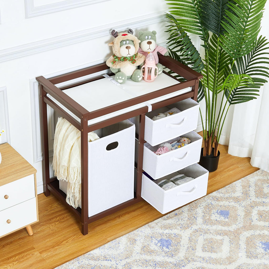 Wooden Diaper Changing Table with Laundry Hamper and 3 Drawers Brown GainNo