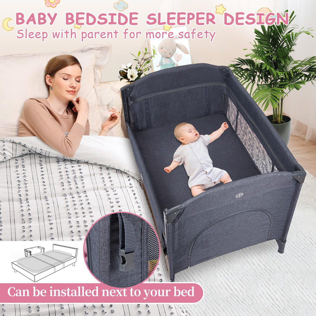 5-in-1 Pack and Play Baby Bedside Sleeper Portable Crib Deep Grey GainNo