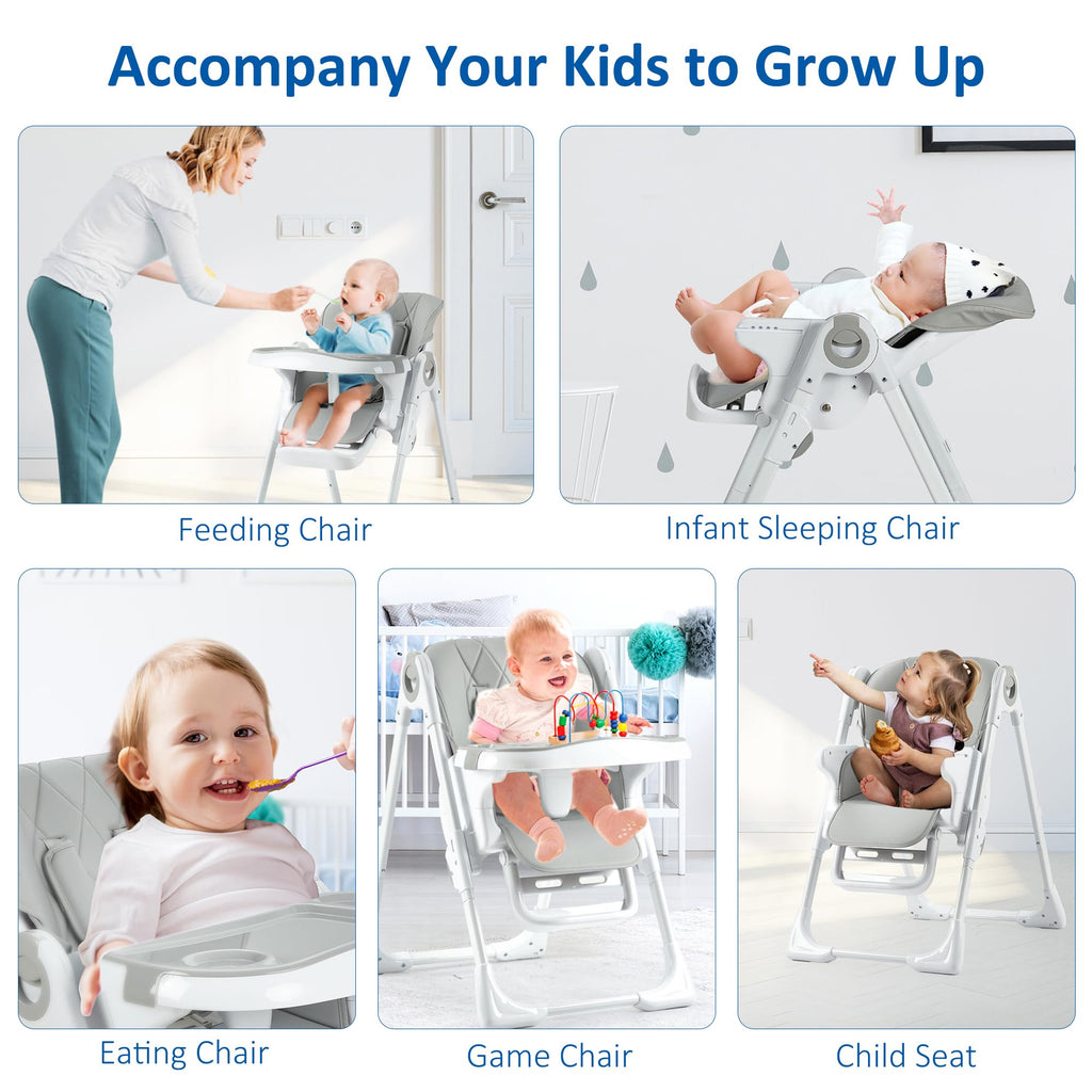Baby High Chair Adjustable Height Aluminum Frame Easy Clean Foldable Grey GainNo