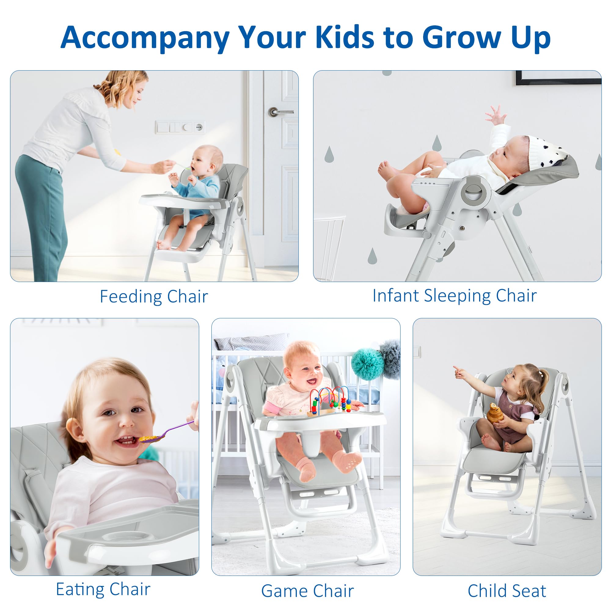 Baby High Chair Adjustable Height Aluminum Frame Easy Clean Foldable Grey GainNo