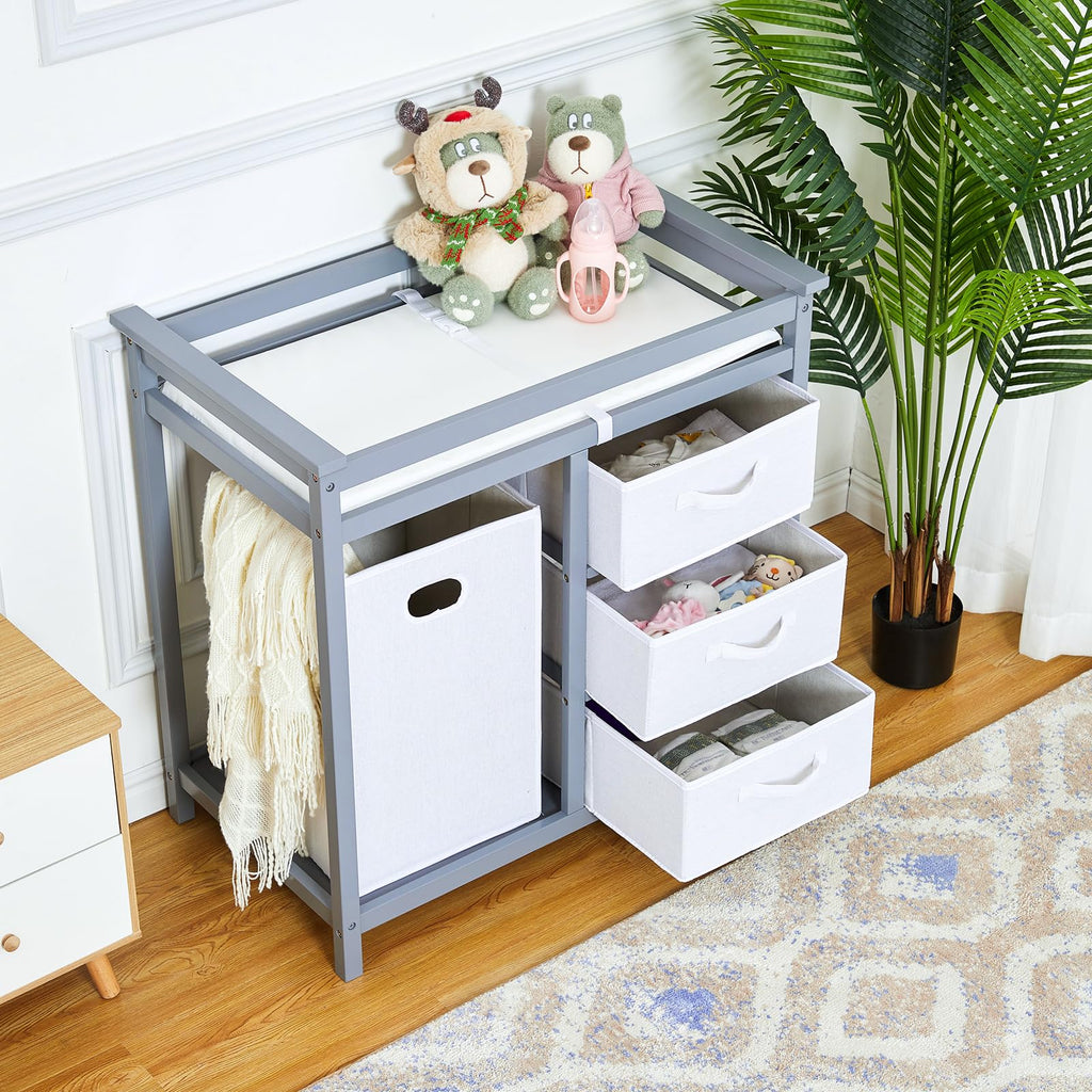 Wooden Diaper Changing Table with Laundry Hamper and 3 Storage Drawers GainNo