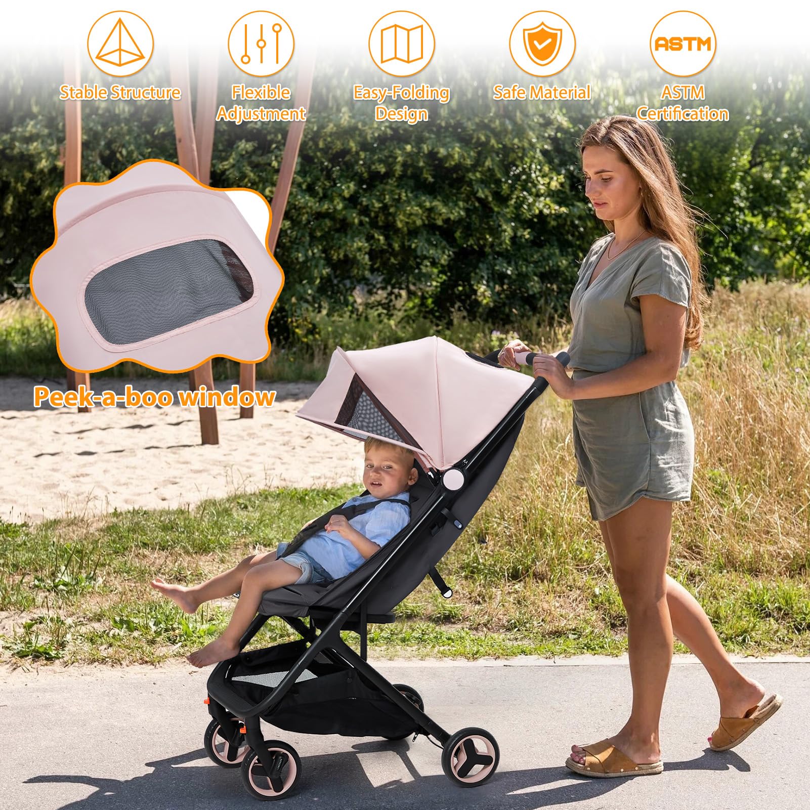Lightweight Compact Stroller One Hand Fold Airplane Friendly Pink