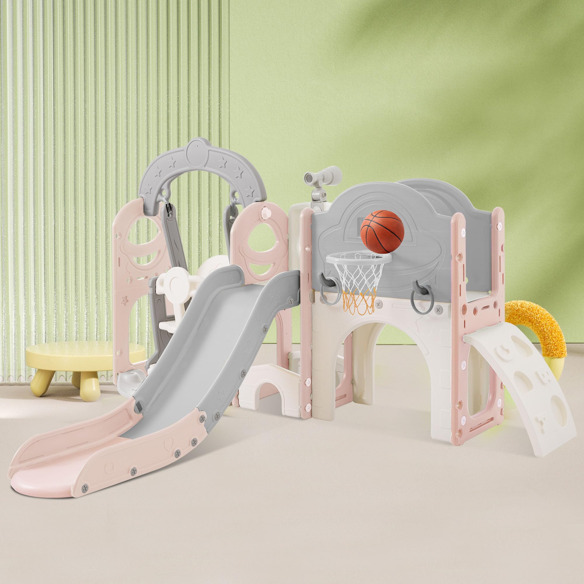 Kids Freestanding Swing Set with Basketball Hoop and Climbing Frame Grey