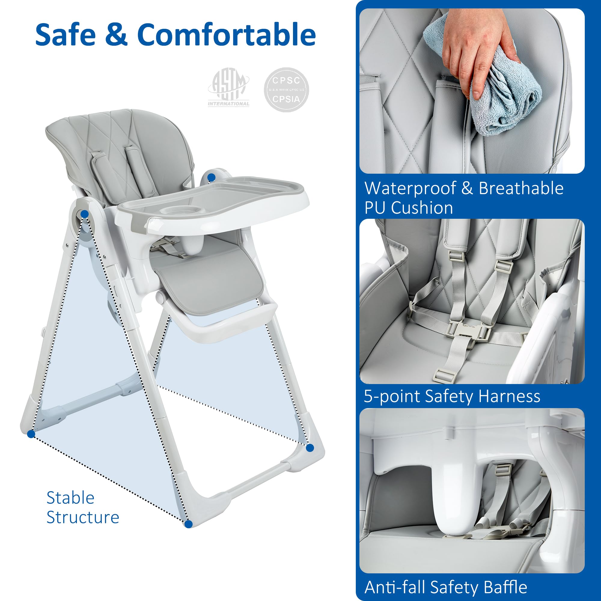 Baby High Chair Adjustable Height Aluminum Frame Easy Clean Foldable Grey GainNo