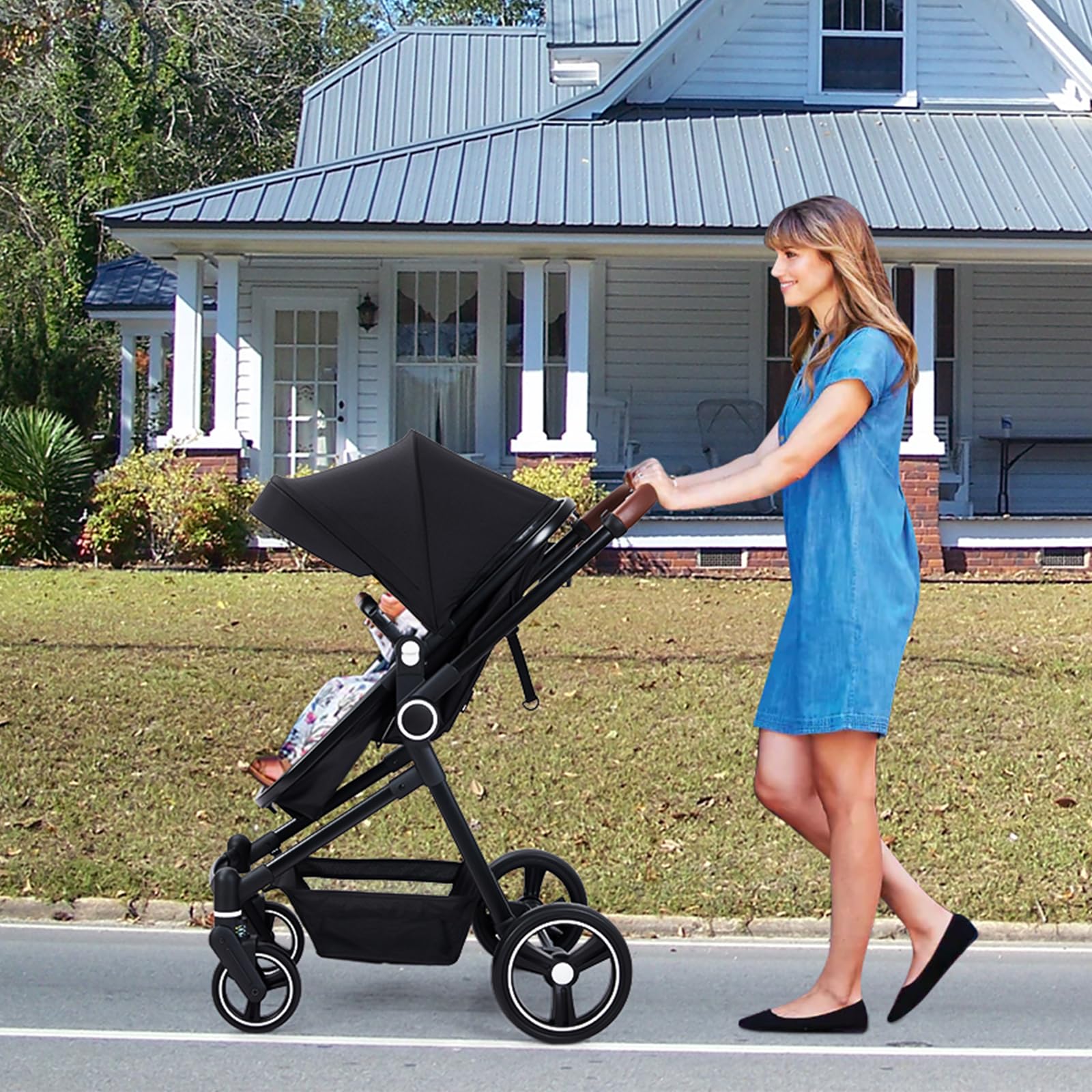 2 in 1 Baby Stroller Reversible Bassinet Pram Black GainNo