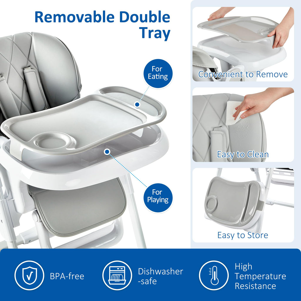 Baby High Chair Adjustable Height Aluminum Frame Easy Clean Foldable Grey GainNo