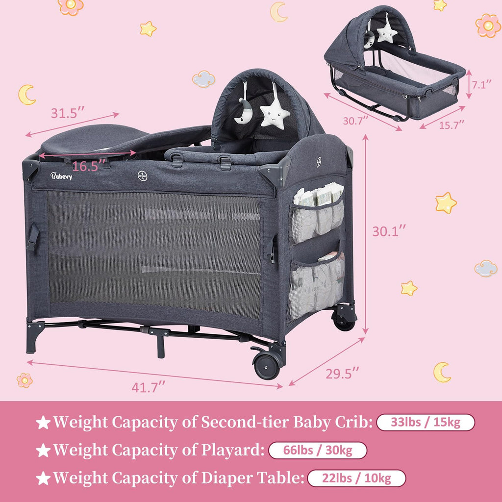5-in-1 Pack and Play Baby Bedside Sleeper Portable Crib Deep Grey GainNo