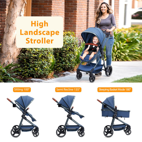 2-in-1 Convertible Baby Stroller with Bassinet Mode Blue GainNo
