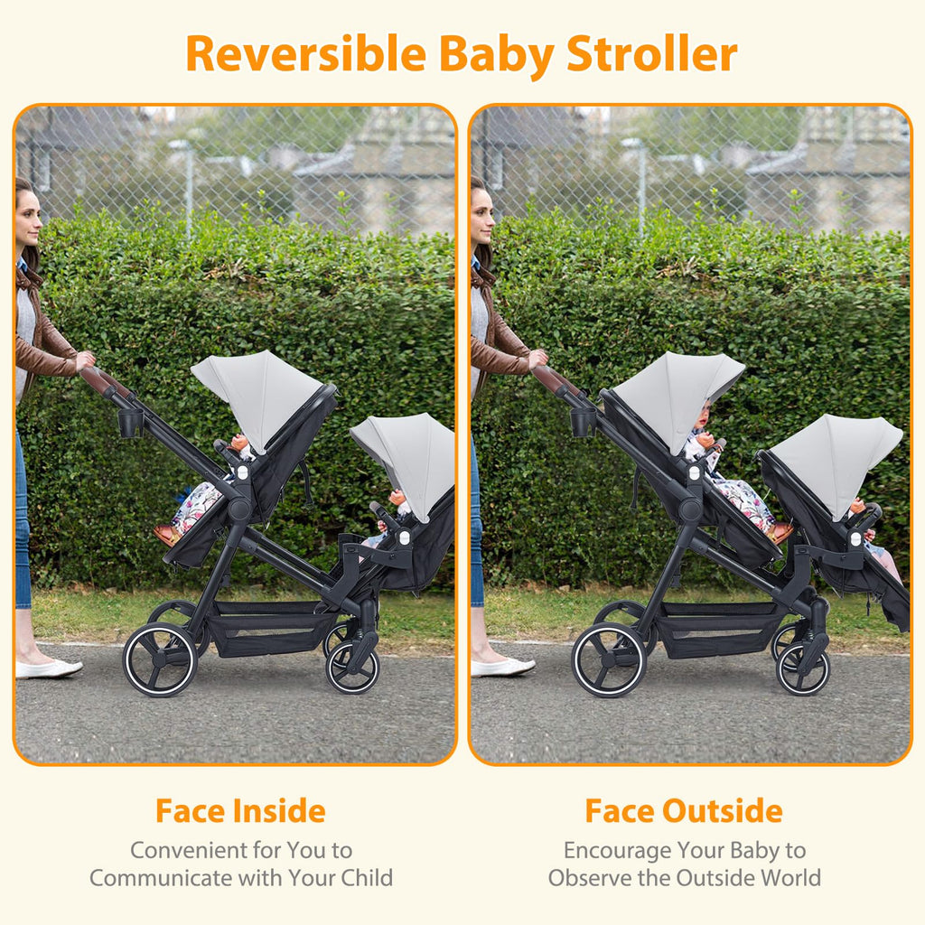Foldable Double Baby Stroller Multi-Position Reversible Light Grey