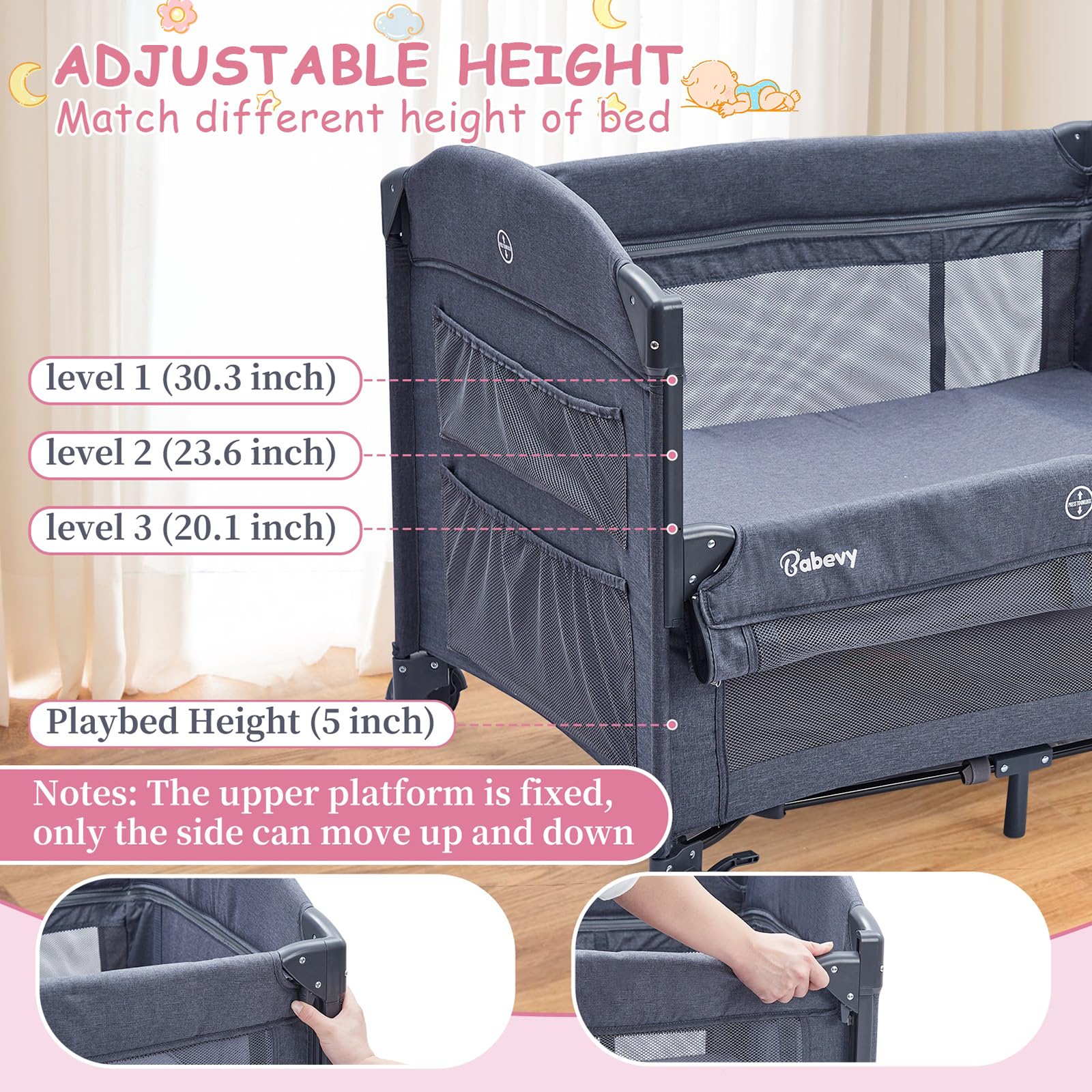 5-in-1 Pack and Play Baby Bedside Sleeper Portable Crib Deep Grey GainNo