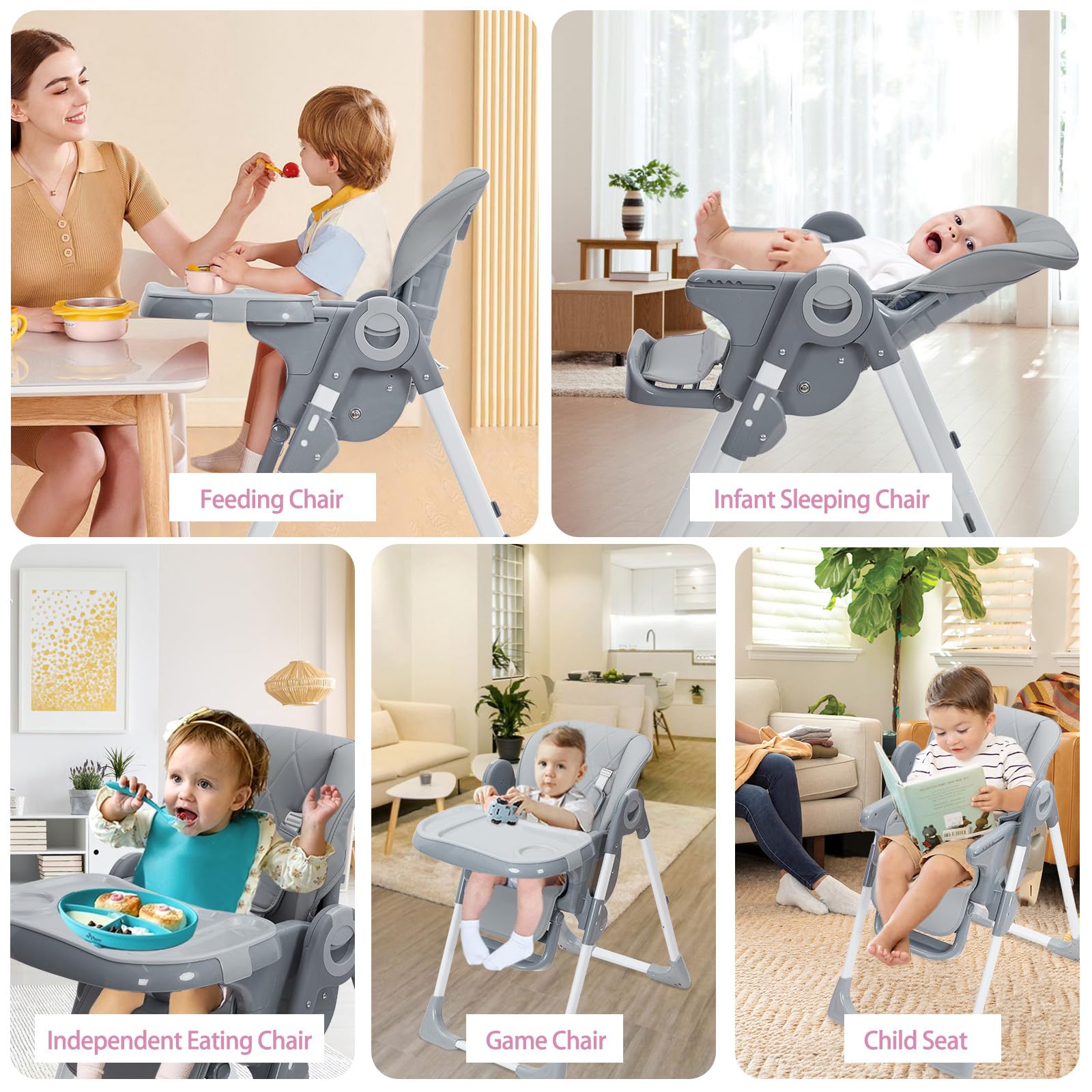 Baby High Chair Multifunctional Adjustable Height and Recline Dark Grey GainNo