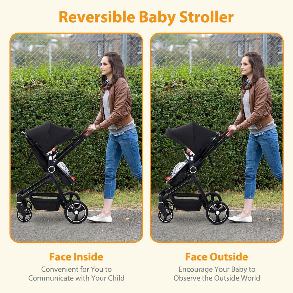 2 in 1 Baby Stroller Reversible Bassinet Pram Black GainNo