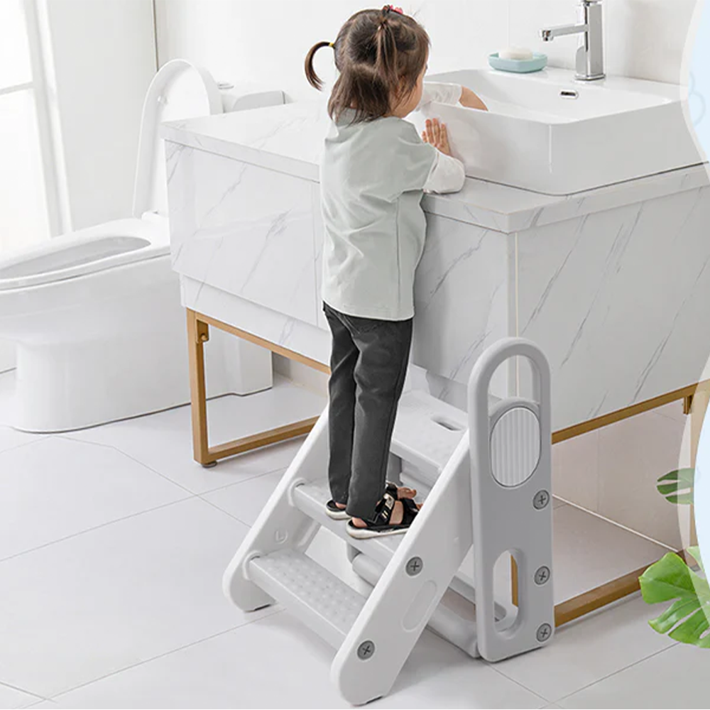 Foldable Toddler Step Stool 3-Step Adjustable Ladder Grey GainNo
