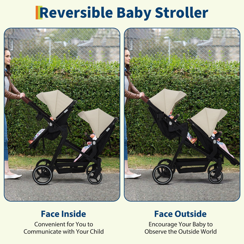 Foldable Double Baby Stroller Multi-Position Reversible Beige