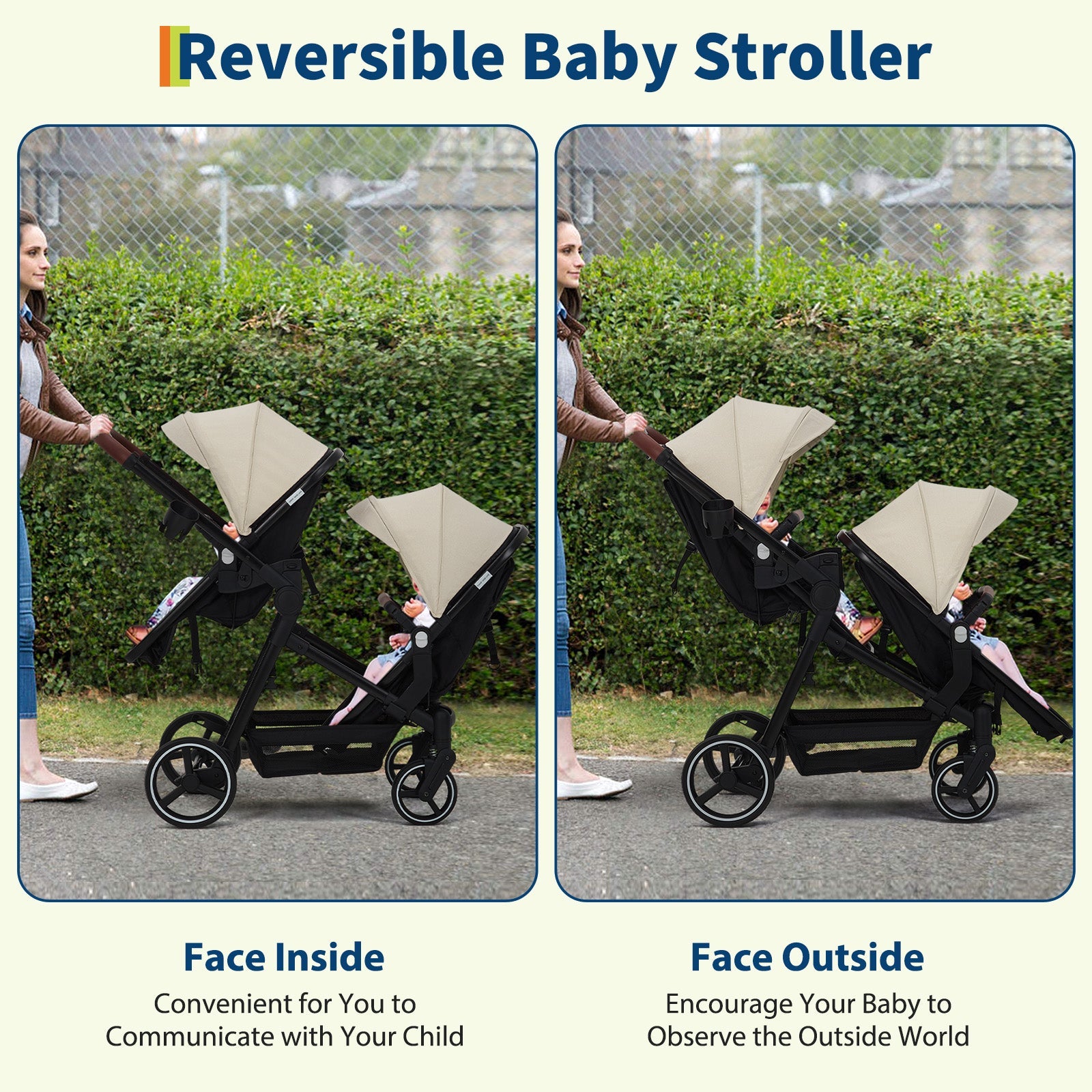 Foldable Double Baby Stroller Multi-Position Reversible Beige