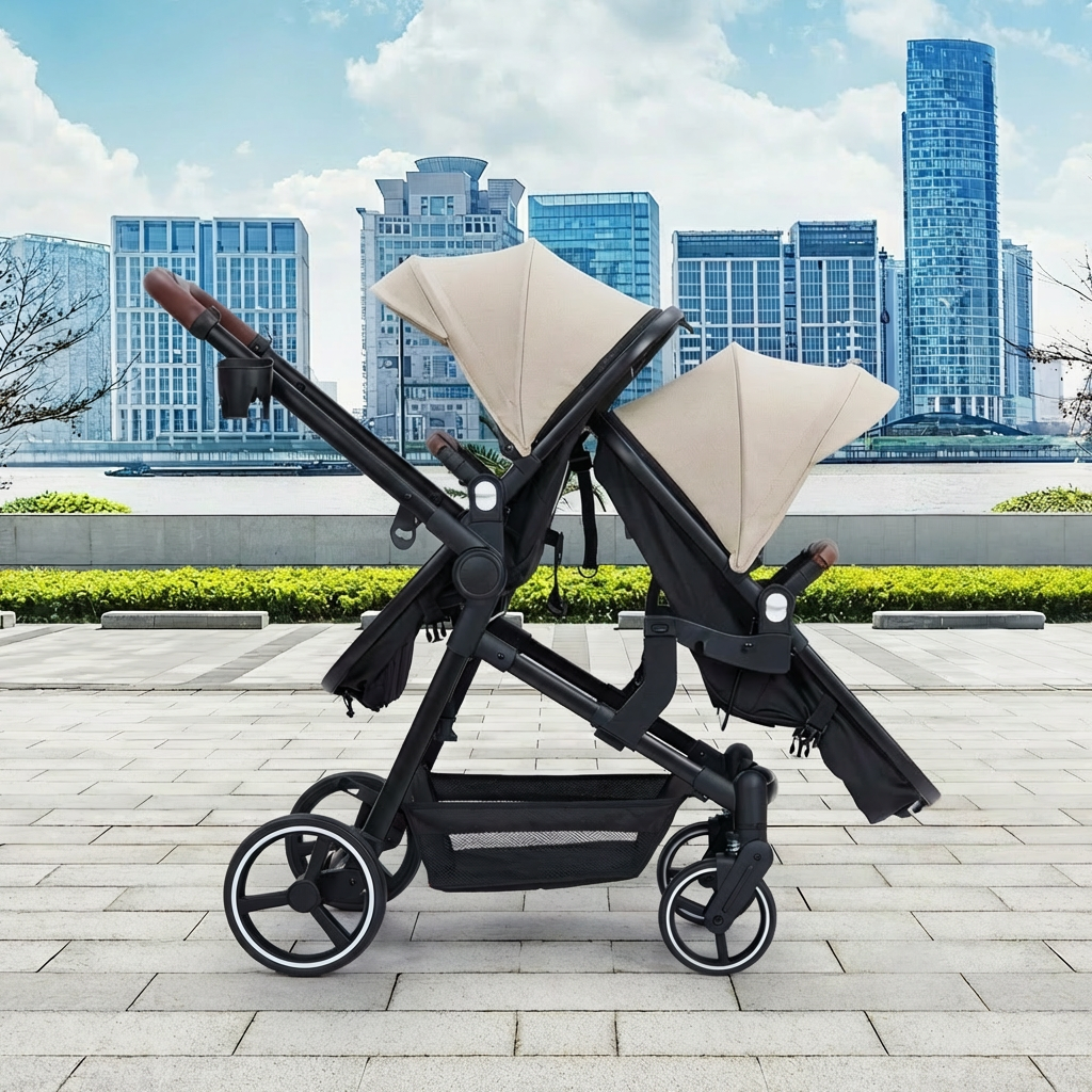 Foldable Double Baby Stroller Multi-Position Reversible Beige