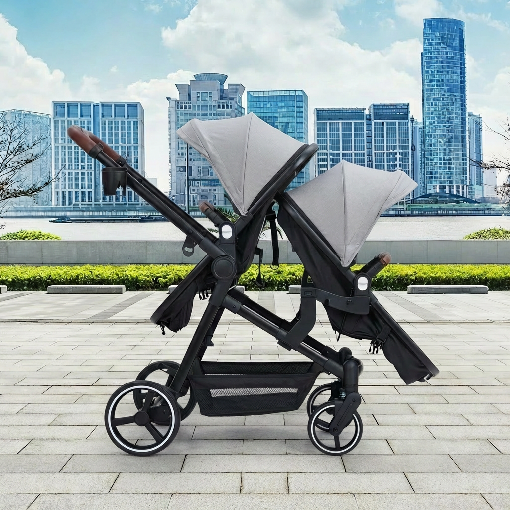 Foldable Double Baby Stroller Multi-Position Reversible Light Grey