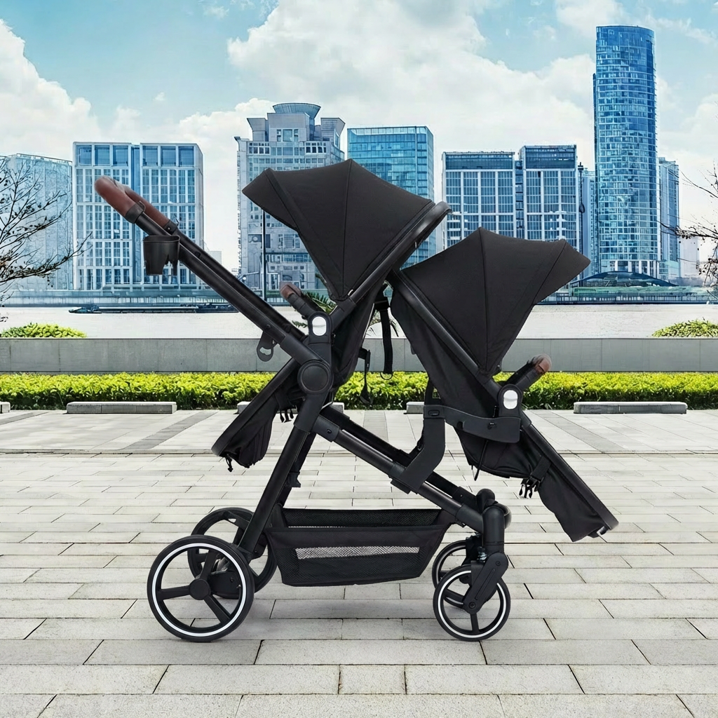 Foldable Double Baby Stroller Multi-Position Reversible Black