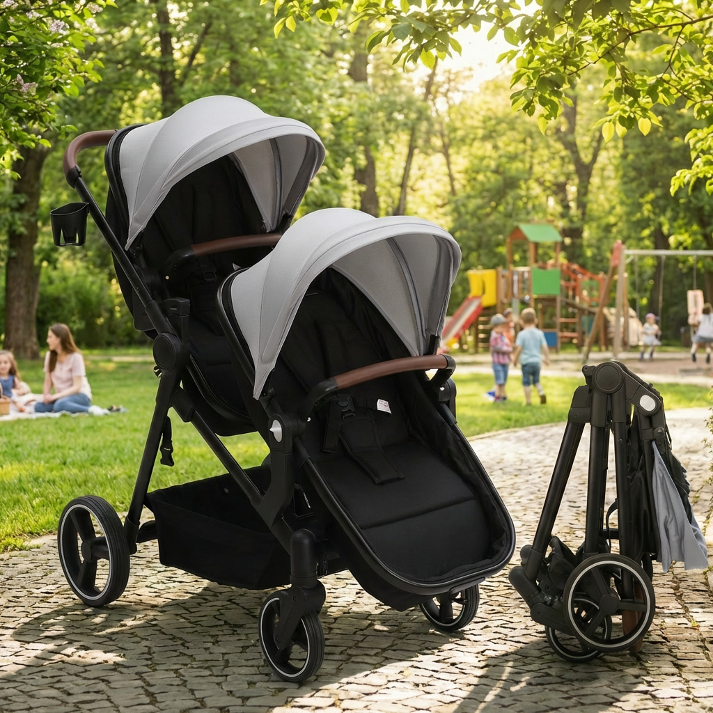 Foldable Double Baby Stroller Multi-Position Reversible Light Grey