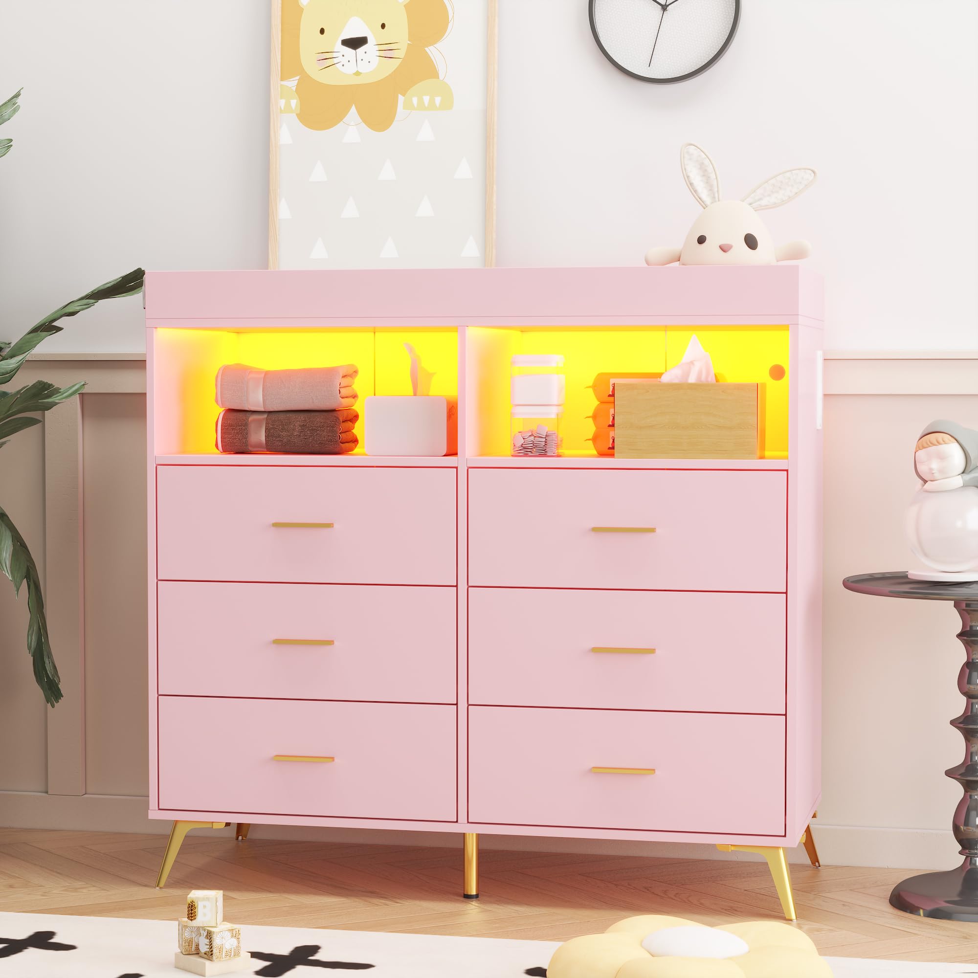 6-Drawer Baby Dresser with LED Lights and Changing Table Top Pink