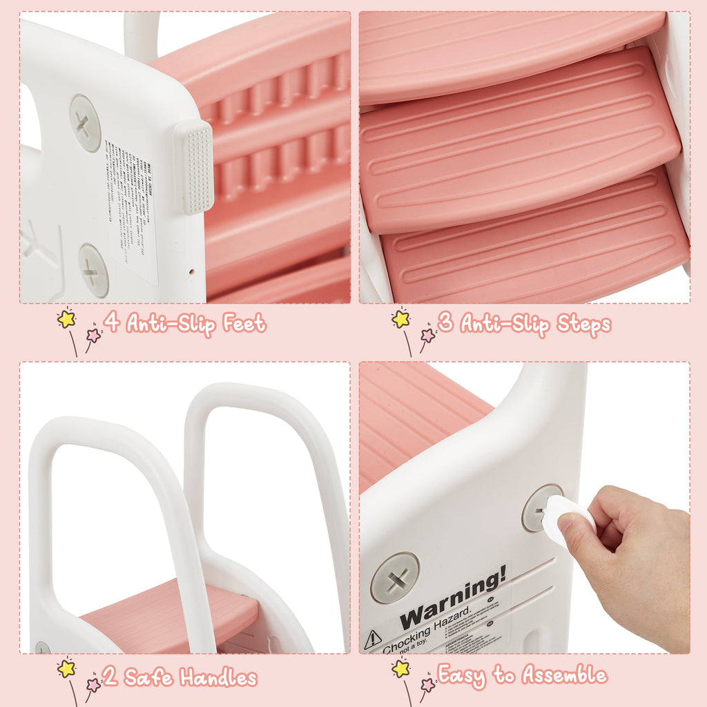 3-Step Toddler Step Stool with Safety Handles Pink