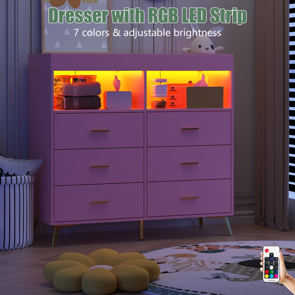 6-Drawer Baby Dresser with LED Lights and Changing Table Top Pink